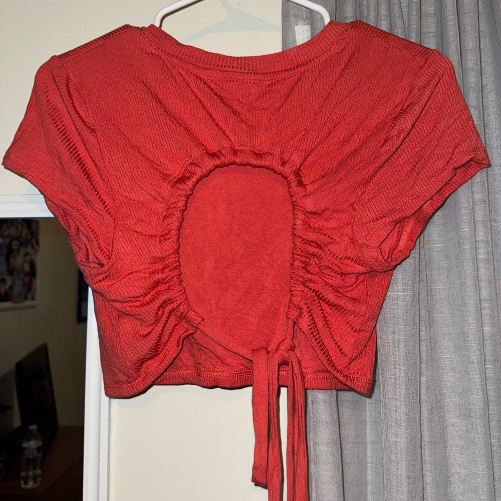 Vibrant Red Ruched Crop Top with Tie Back
